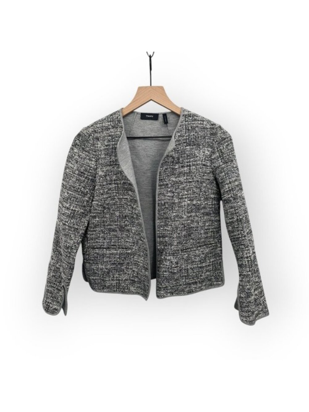 Theory Binding Jkt Parker Tweed B Grey Textured Collarless Blazer 00